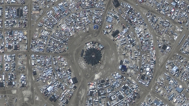 This photo, provided by Maxar Technologies, shows an overview of the center camp at the Burning Man festival on Monday, Sept. 4, 2023, in the Black Rock Desert north of Reno, Nev. (Satellite image Â©2023 Maxar Technologies via AP)